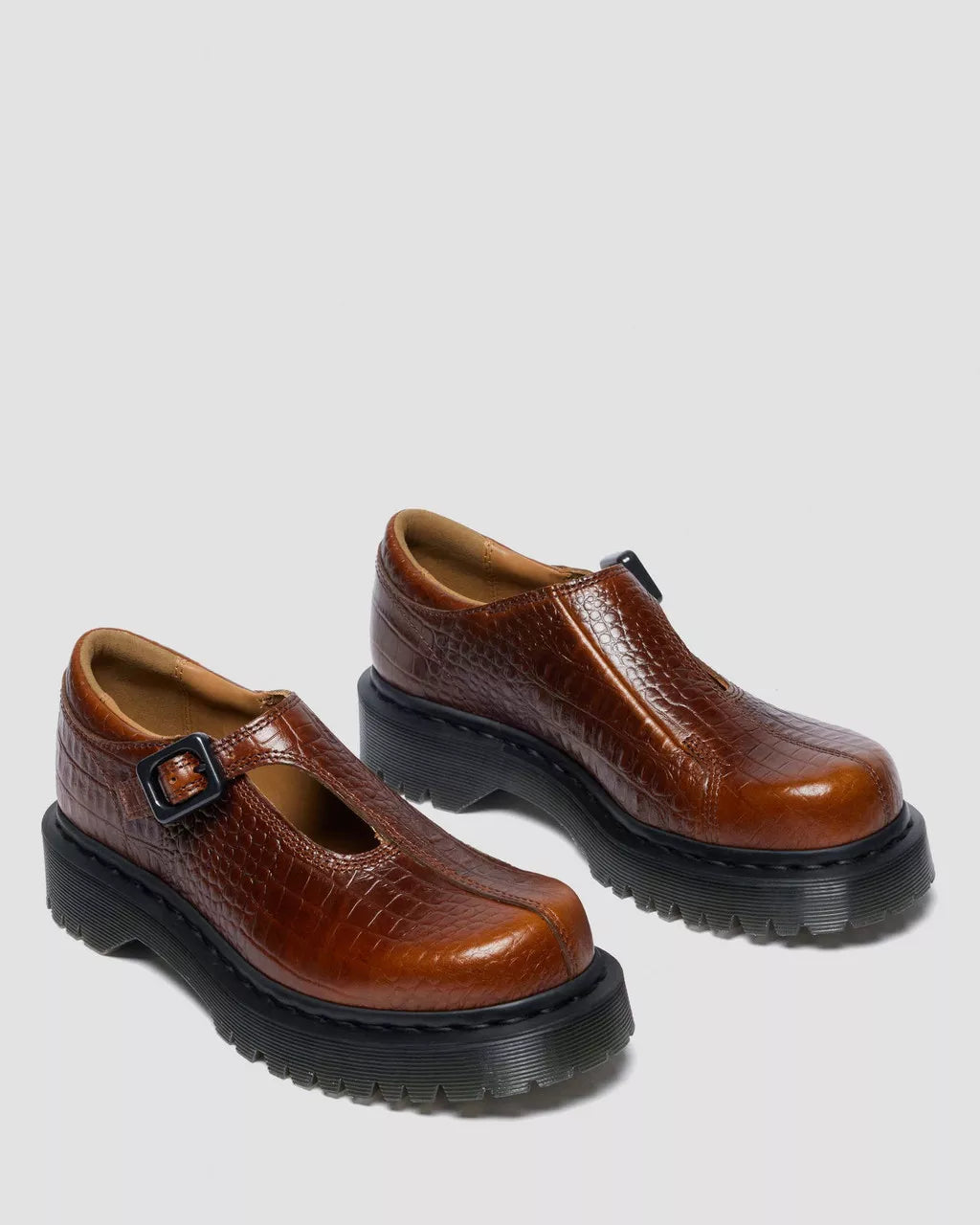 Dr. Martens Rejena Mary Jane Croc Embossed Leather Shoes - Mocha Brown