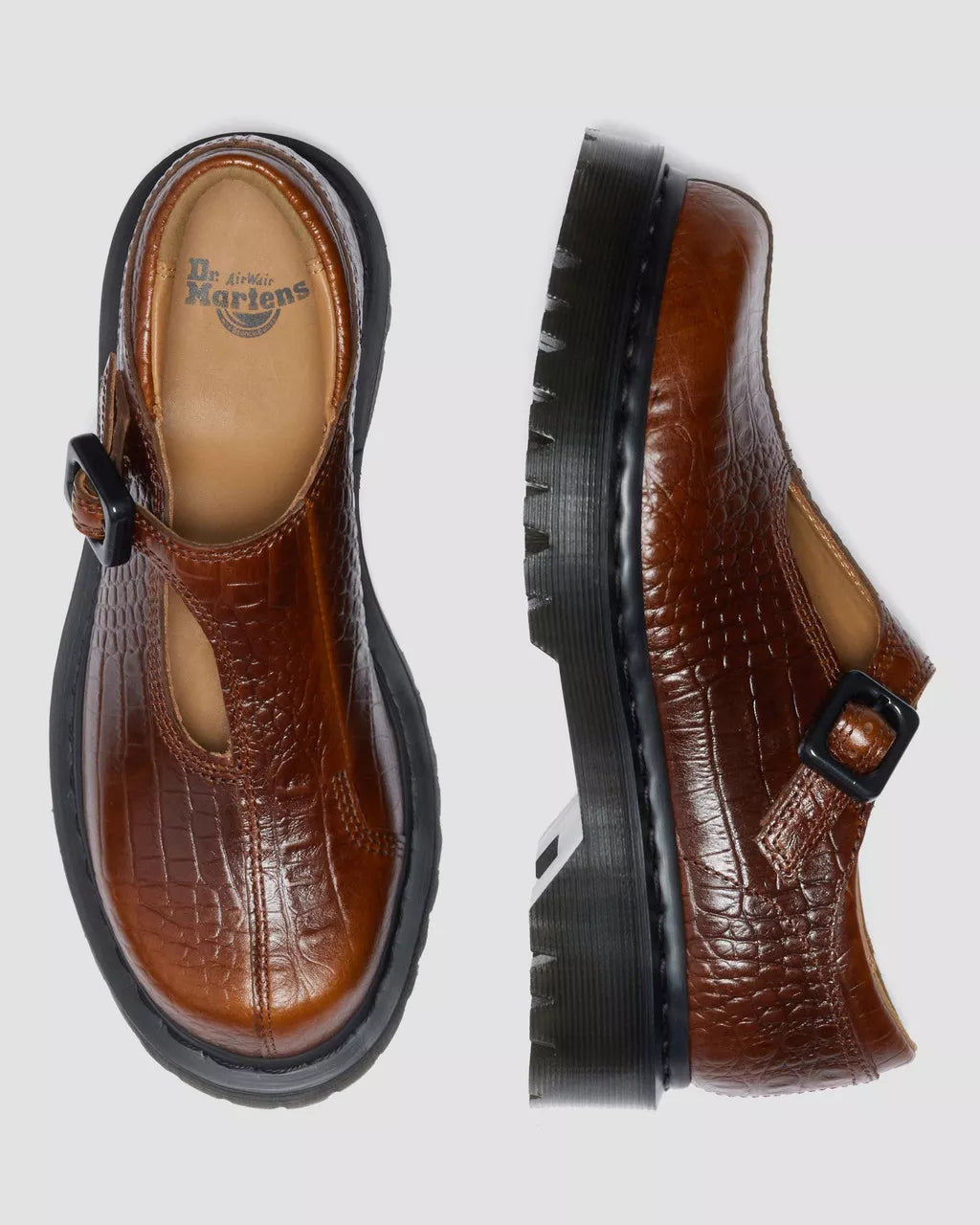 Dr. Martens Rejena Mary Jane Croc Embossed Leather Shoes - Mocha Brown