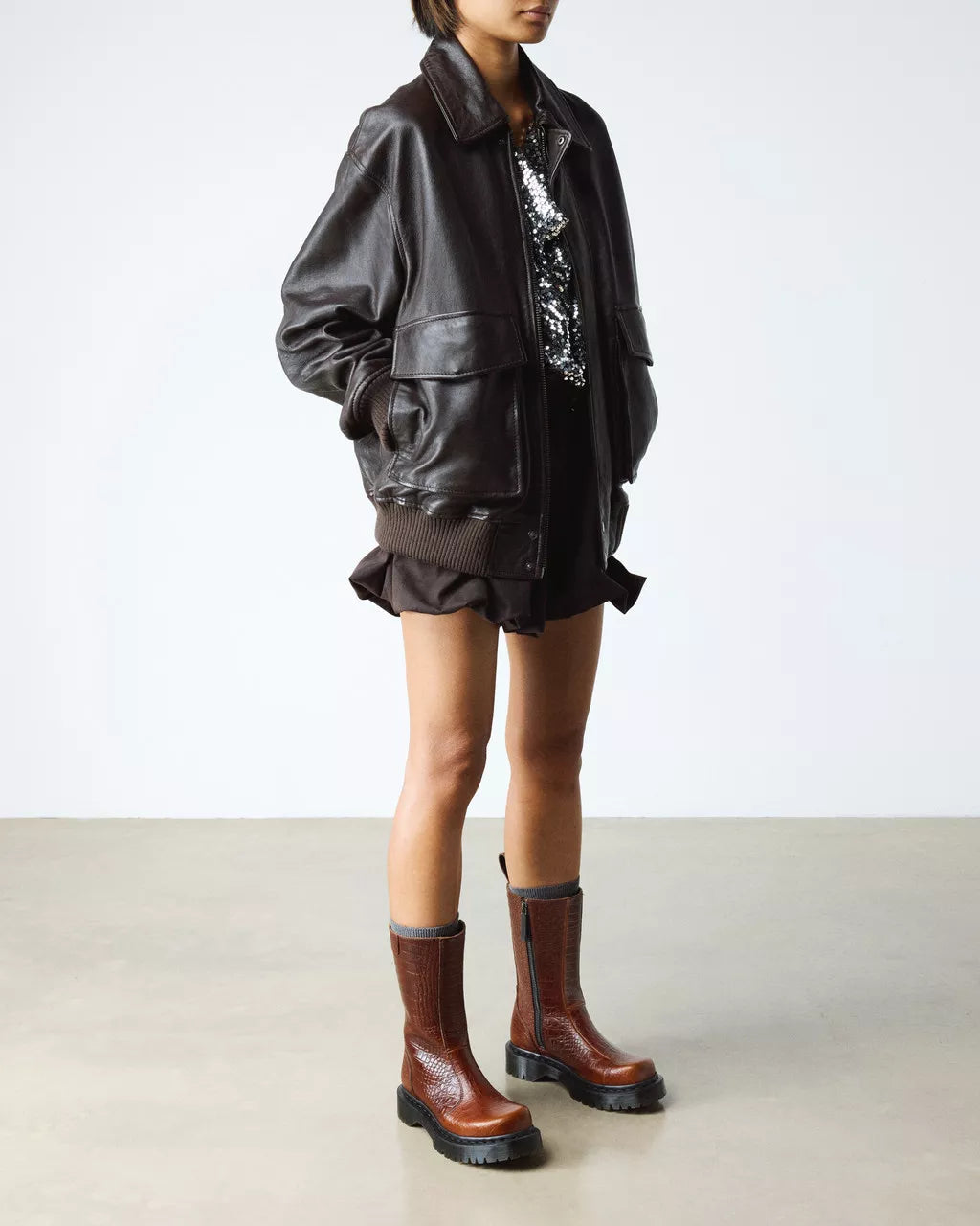 Dr. Martens Rejena Hair On Croc Embossed Leather Boots - Mocha Brown