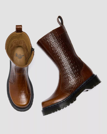 Dr. Martens Rejena Hair On Croc Embossed Leather Boots - Mocha Brown